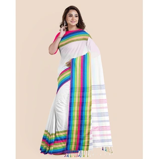 White Handwoven Cotton Santipuri Multicolor Mahapaar Saree with Blouse Piece