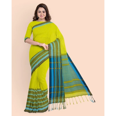 Lemon Green Blue Handwoven Cotton Begumpuri Mahapaar Saree with Blouse Piece