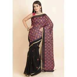 Embroidered Floral Design Black Orange Cotton Silk Saree with Blouse Piece