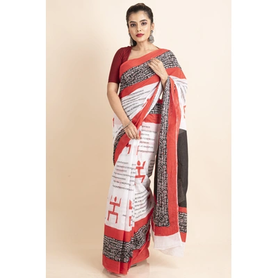 Mulmul Cotton White Red Black Swastik Scripted Saree