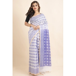 White Purple Swastik Printed Golden Border Saree