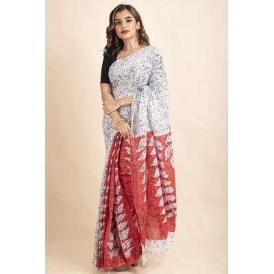 White Red Patlipallu Leaf Printed Mulmul Cotton Saree