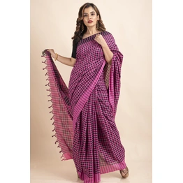 Pink Black Cotton Checkered Gamcha Saree