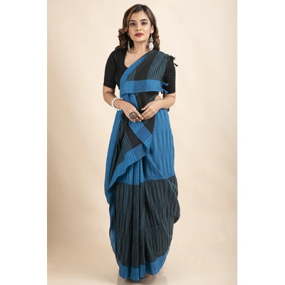 Pure Cotton Blue Black Santipuri Pompom Jharna Saree