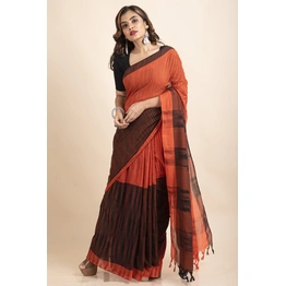 Pure Cotton Orange Black Santipuri Pompom Jharna Saree