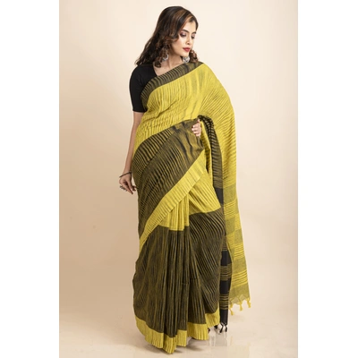 Pure Cotton Yellow Black Santipuri Pompom Jharna Saree