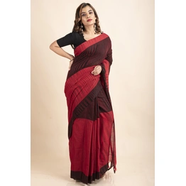 Pure Cotton Red Black Santipuri Pompom Jharna Saree