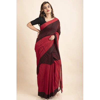 Pure Cotton Red Black Santipuri Pompom Jharna Saree