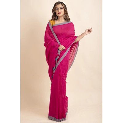 Fuchsia Pink Handloom Cotton Teal Green Border Saree with Blouse Piece