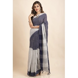 Pure Cotton Grey Blue Santipuri Pompom Jharna Saree