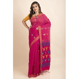 Pink Blue Bird Woven Cotton Silk Golden Zari Saree with Blouse Piece