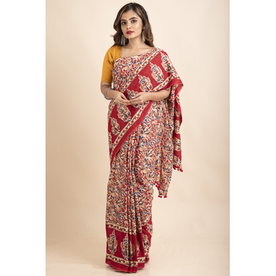 Pure Cotton Red Blue Floral Kalamkari Pompom Saree