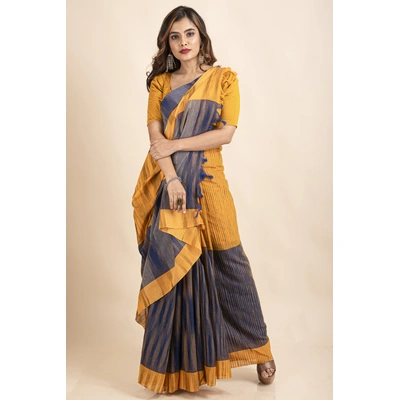 Cotton Blue Mango Yellow Santipuri Pompom Jharna Saree