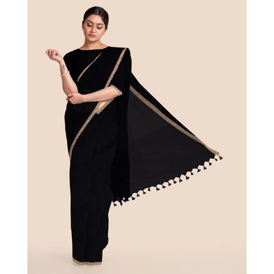 Black Handloom Cotton Silk Noil Zari Border Saree with Blouse Piece