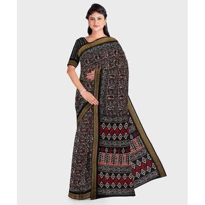 Black Chanderi Print Cotton Silk Kota Saree with Blouse piece