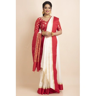 White Red Border Garad Kanchipuram Style Golden Zari Work Art Silk Saree with Blouse Piece