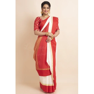 White Red Border Garad Kanchipuram Style Golden Zari Work Art Silk Saree with Blouse Piece