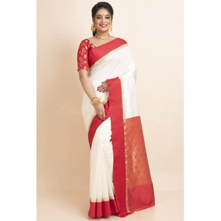 White Red Border Garad Kanchipuram Style Golden Zari Work Art Silk Saree with Blouse Piece