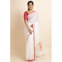 White Red Soft Zari Hazar Buti Traditional Woven Jamdani Saree