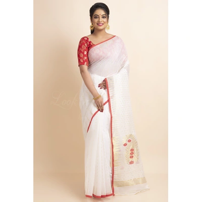 White Red Soft Zari Hazar Buti Traditional Woven Jamdani Saree