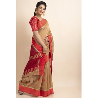 Red Brown Temple Border Cotton Silk Saree with Blouse Piece