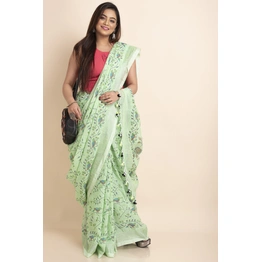 Pesta Green Bird Printed Cotton Linen Saree with Blouse Piece