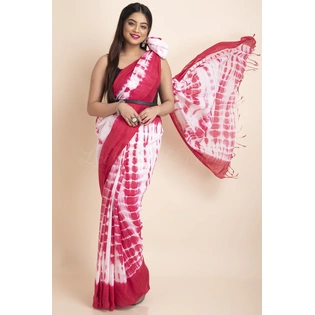 White Pink Soft Cotton Linen Shibori Saree with Blouse Piece