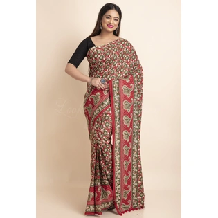 Red Green Floral Printed Cotton Kalamkari Pompom Saree