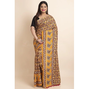 Yellow Brown Floral Printed Cotton Kalamkari Pompom Saree