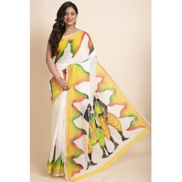 Yellow Hand Painted Tribal Village Kasavu Kerala Cotton Saree with Blouse Piece