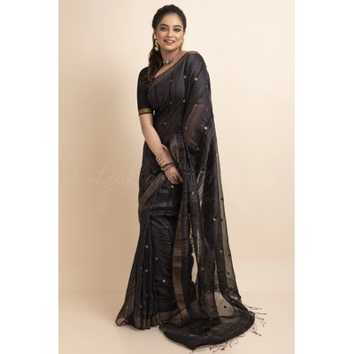 Black Handwoven Handspun Pure Matka Resham Golden Gini Saree with Blouse Piece