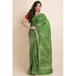 Green Floral Print Murshidabad Tussar Silk Saree with Blouse Piece