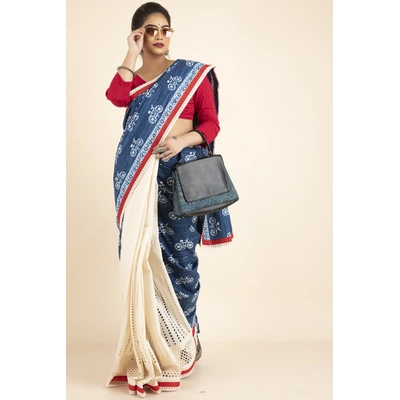 Blue Beige Floral Handbock Cotton Hakoba Red Border Saree with Blue Blouse Piece