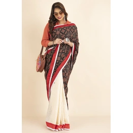 Ajrakh Cotton Handblock Red Black Beige Hakoba Saree with Ajrakh Blouse Piece