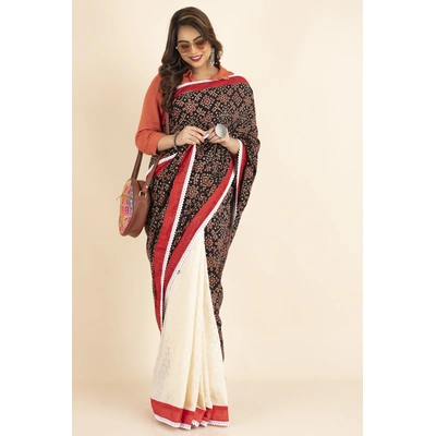 Ajrakh Cotton Handblock Red Black Beige Hakoba Saree with Ajrakh Blouse Piece