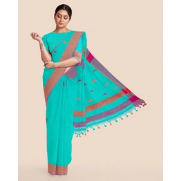 Teal Blue Handloom Cotton Buti Saree with Blouse Piece