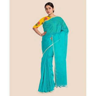 Teal Green Handloom Cotton Noil Zari Border Saree with Blouse Piece