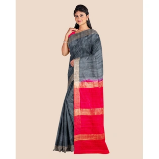 Slate Grey Handwoven Tussar Ghicha Silk Saree with Reddish Pink Golden Zari Pallu and Blouse Piece