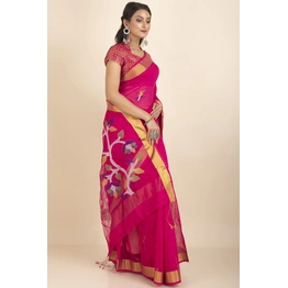 Fuschia Pink Golden Zari Jamdani Saree with Blouse Piece