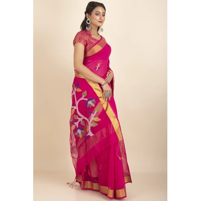 Fuschia Pink Golden Zari Jamdani Saree with Blouse Piece