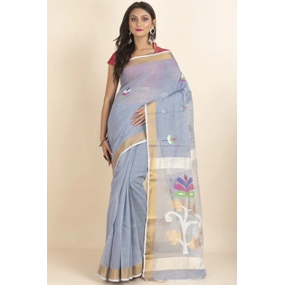 Grey Golden Zari Silk Cotton Woven Jamdani Saree with Blouse Piece