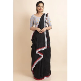 Black Red White Lace Border Cotton Handloom Saree with Blouse Piece