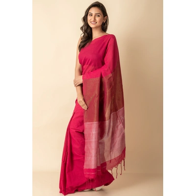 Pink Golden Silver Zari Handloom Cotton Saree with Blouse Piece