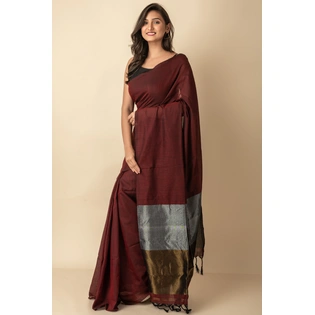 Maroon Golden Silver Zari Handloom Cotton Saree with Blouse Piece