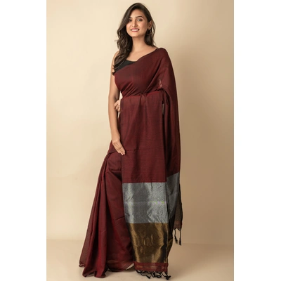 Maroon Golden Silver Zari Handloom Cotton Saree with Blouse Piece