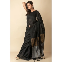 Black Golden Silver Zari Handloom Cotton Saree with Blouse Piece