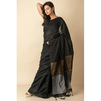 Black Golden Silver Zari Handloom Cotton Saree with Blouse Piece