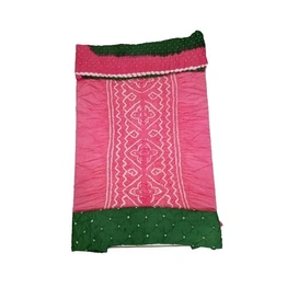 Pink & Green Color Cotton Satin Bandhani Dress Material