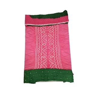 Pink & Green Color Cotton Satin Bandhani Dress Material