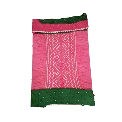 Pink & Green Color Cotton Satin Bandhani Dress Material